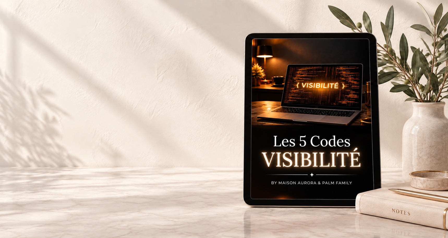 L’ebook Les 5 Codes Visibilité présenté sur une tablette aux couleurs de Maison Aurora & Palm Family