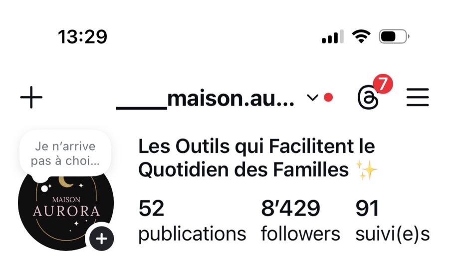 Capture du compte Maison Aurora : 8 429 abonnés Instagram après trois mois